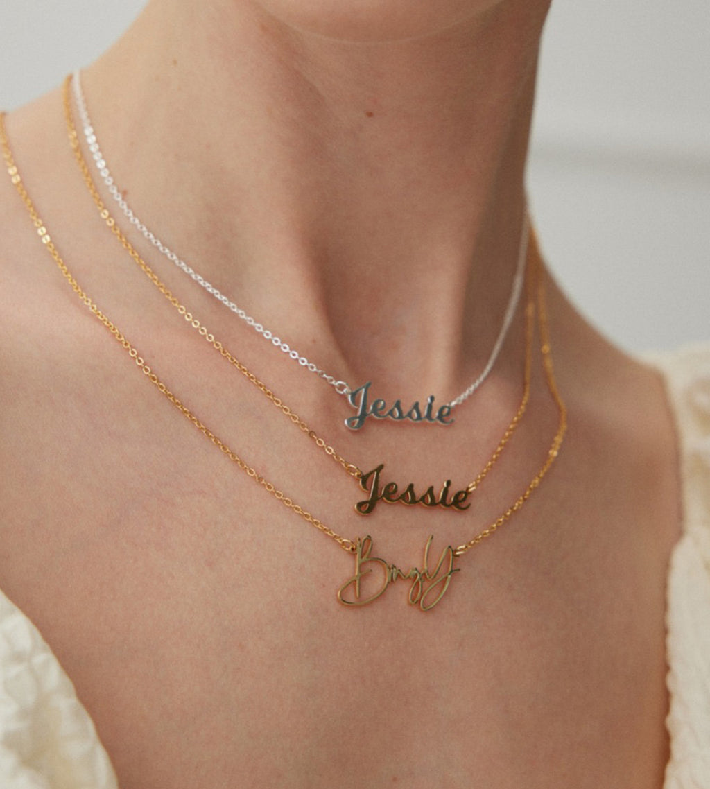 Model wearing "Your Name" Custom Letter Necklace,s 925 Sterling Silver, 18K Gold Plated