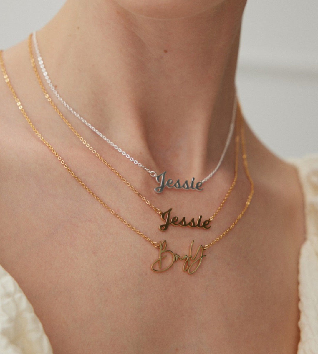 Model wearing "Your Name" Custom Letter Necklace,s 925 Sterling Silver, 18K Gold Plated