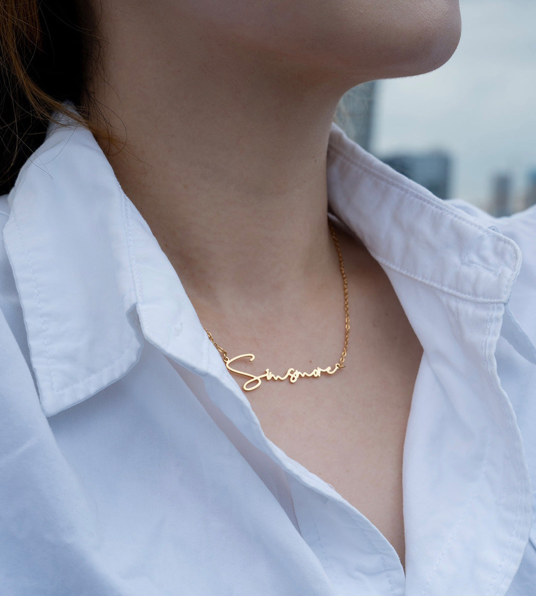 Model wearing "Your Name" Custom Letter Necklace, S925 Sterling Silver, 18K Gold-plated