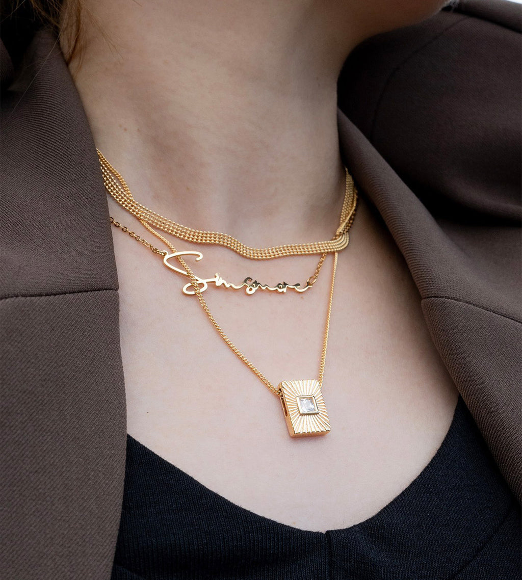 Model wearing "Your Name" Custom Letter Necklace, S925 Sterling Silver, 18K Gold-Plated