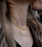 Model wearing "Your Name" Custom Letter Necklace, S925 Sterling Silver, 18K Gold-Plated