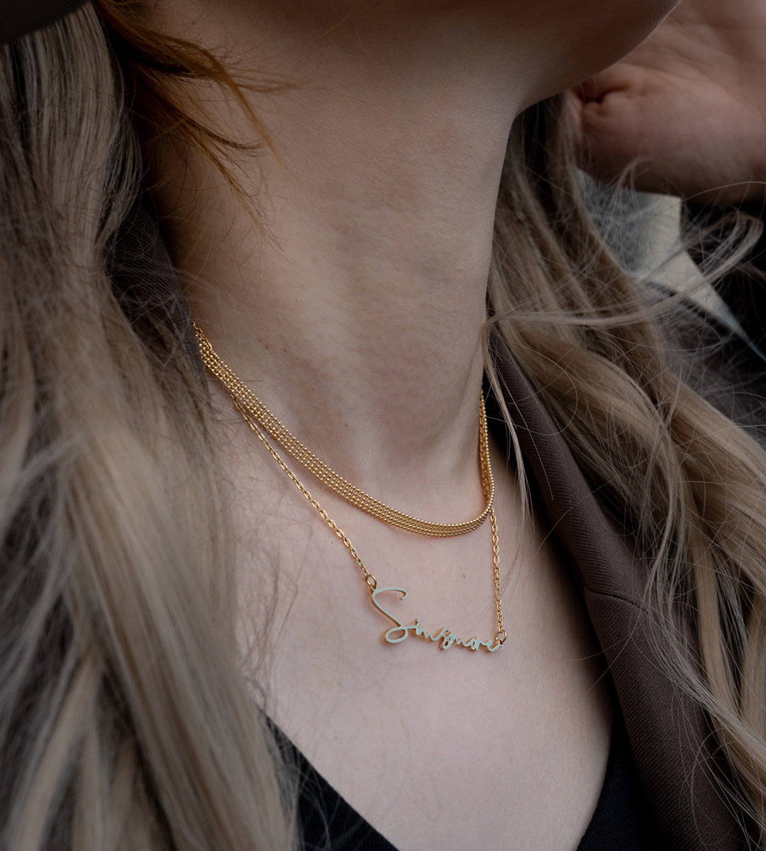 Model wearing "Your Name" Custom Letter Necklace, S925 Sterling Silver, 18K Gold-Plated