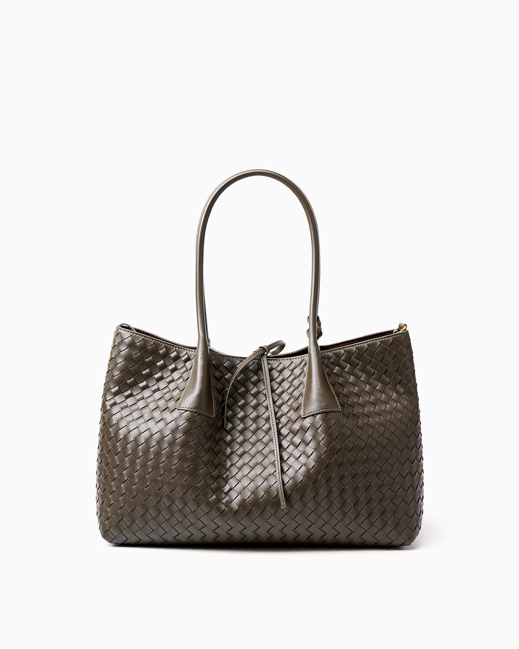 A dark khaki woven leather large tote bag with double top handles and a drawstring detail