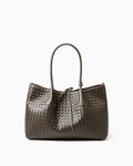 A dark khaki woven leather large tote bag with double top handles and a drawstring detail