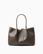 A dark khaki woven leather large tote bag with double top handles and a drawstring detail