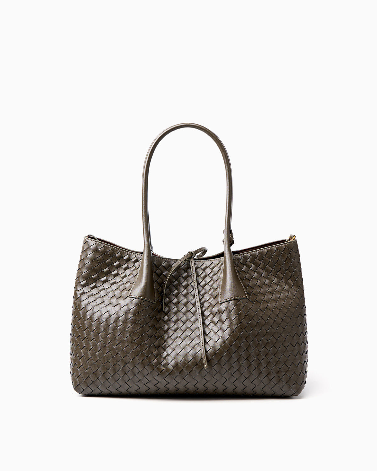 A dark khaki woven leather large tote bag with double top handles and a drawstring detail
