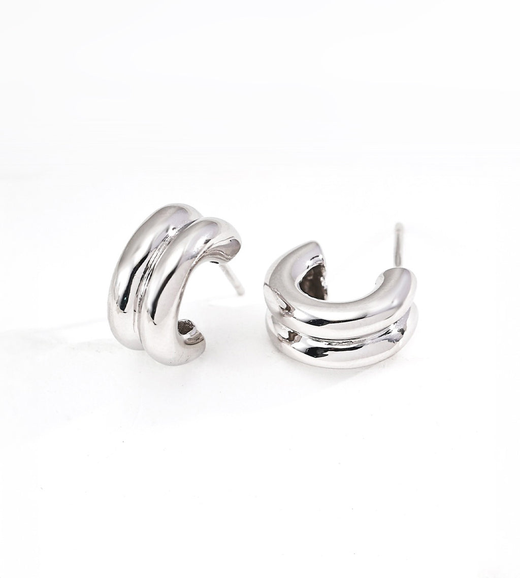 18K White-Gold-Plated over S925 Silver Double Hoop Stacked Stud Earrings