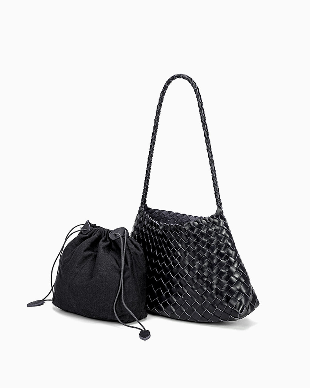 Trendy & stylish Woven Genuine Buffalo Leather Shoulder Bag with removable pouch, Black Color