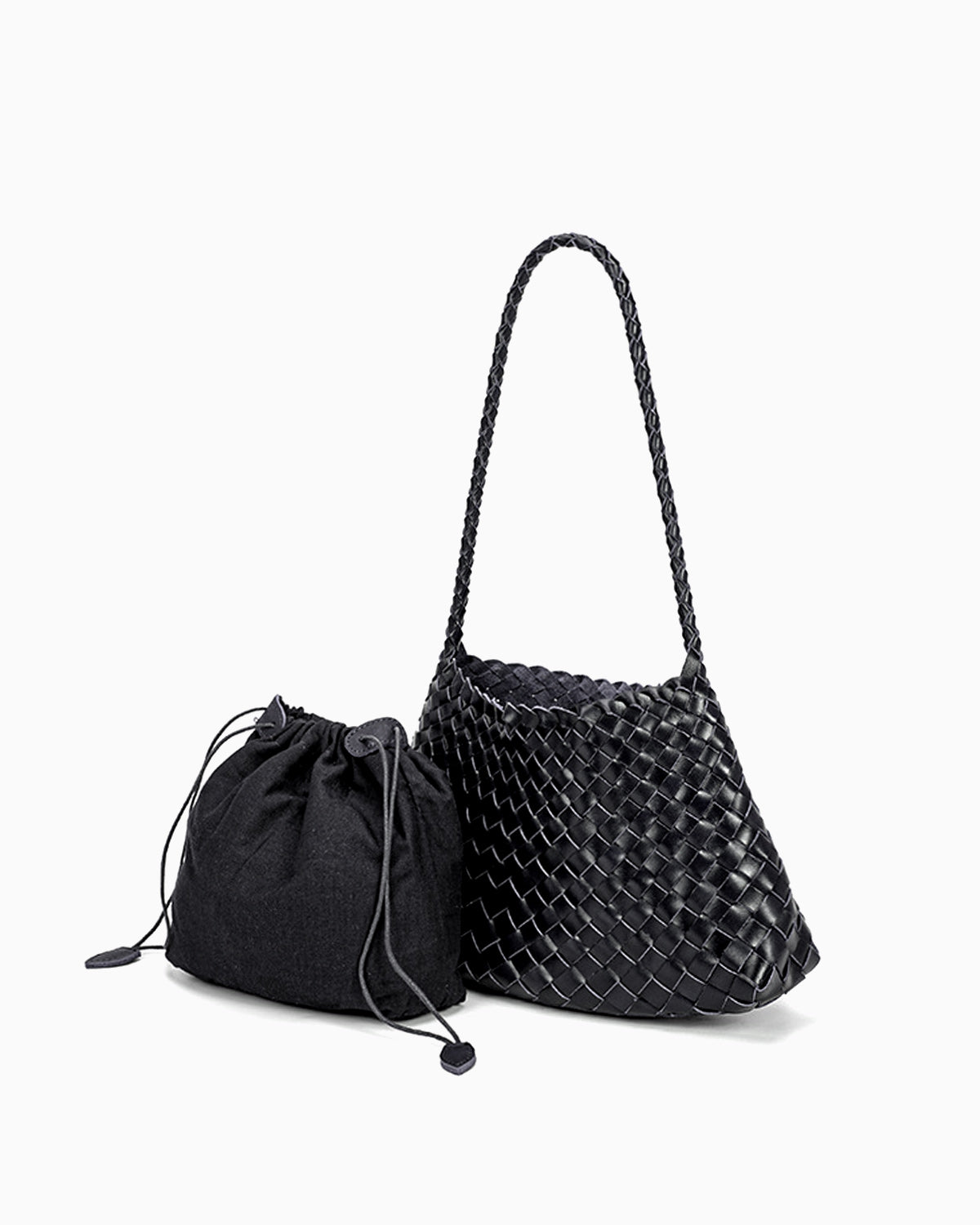 Women's Woven Shoulder Bag Handwoven Buffalo Leather, Black Color