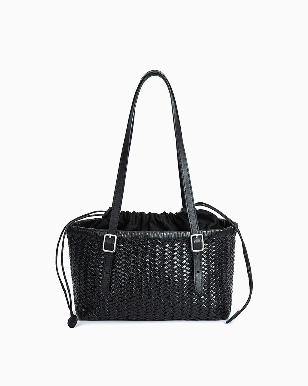 Women's Woven Tote Bucket Bag with Buckles Detail, Black Color