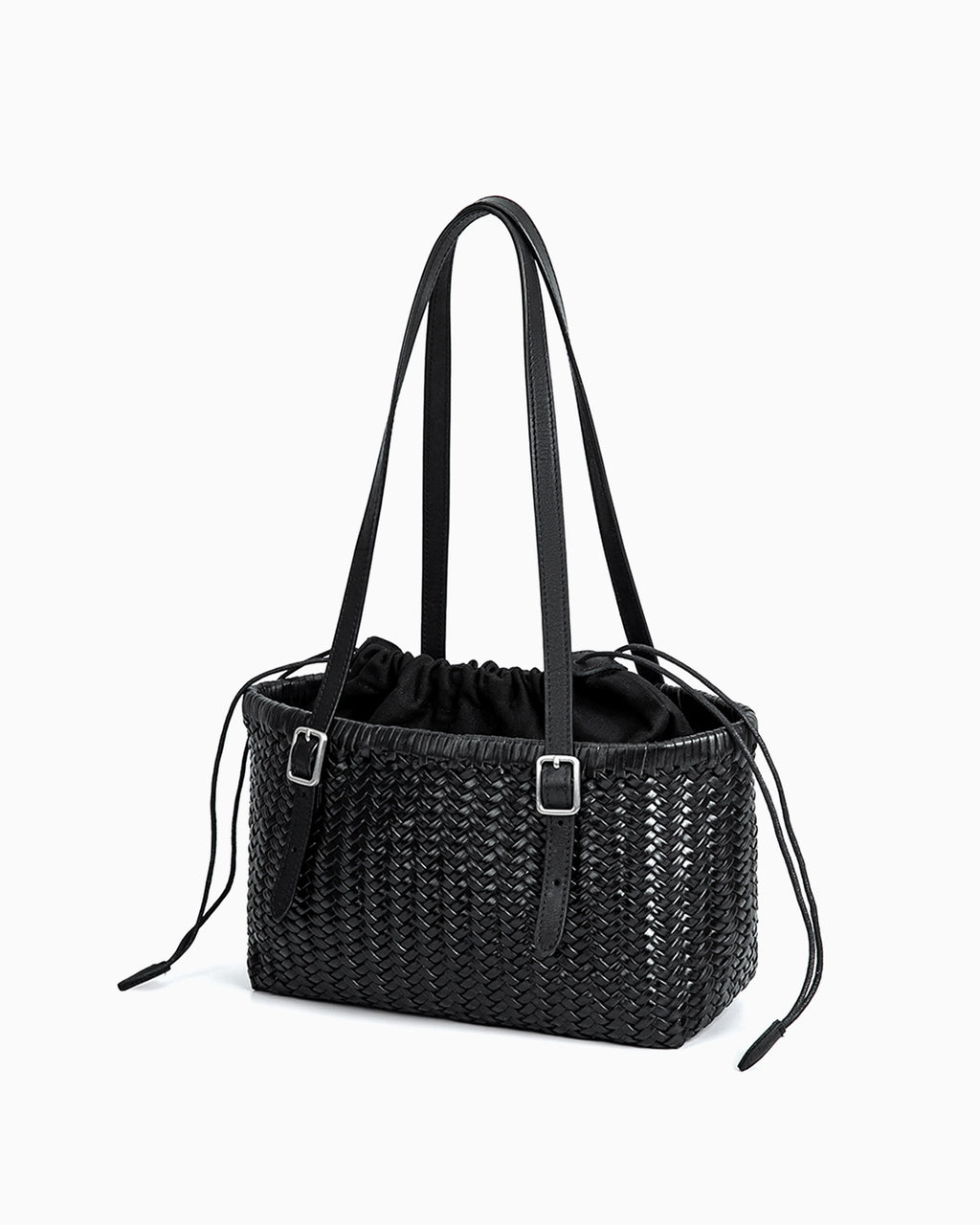 Women's Woven Tote Bucket Bag with Buckles Detail, Black Color