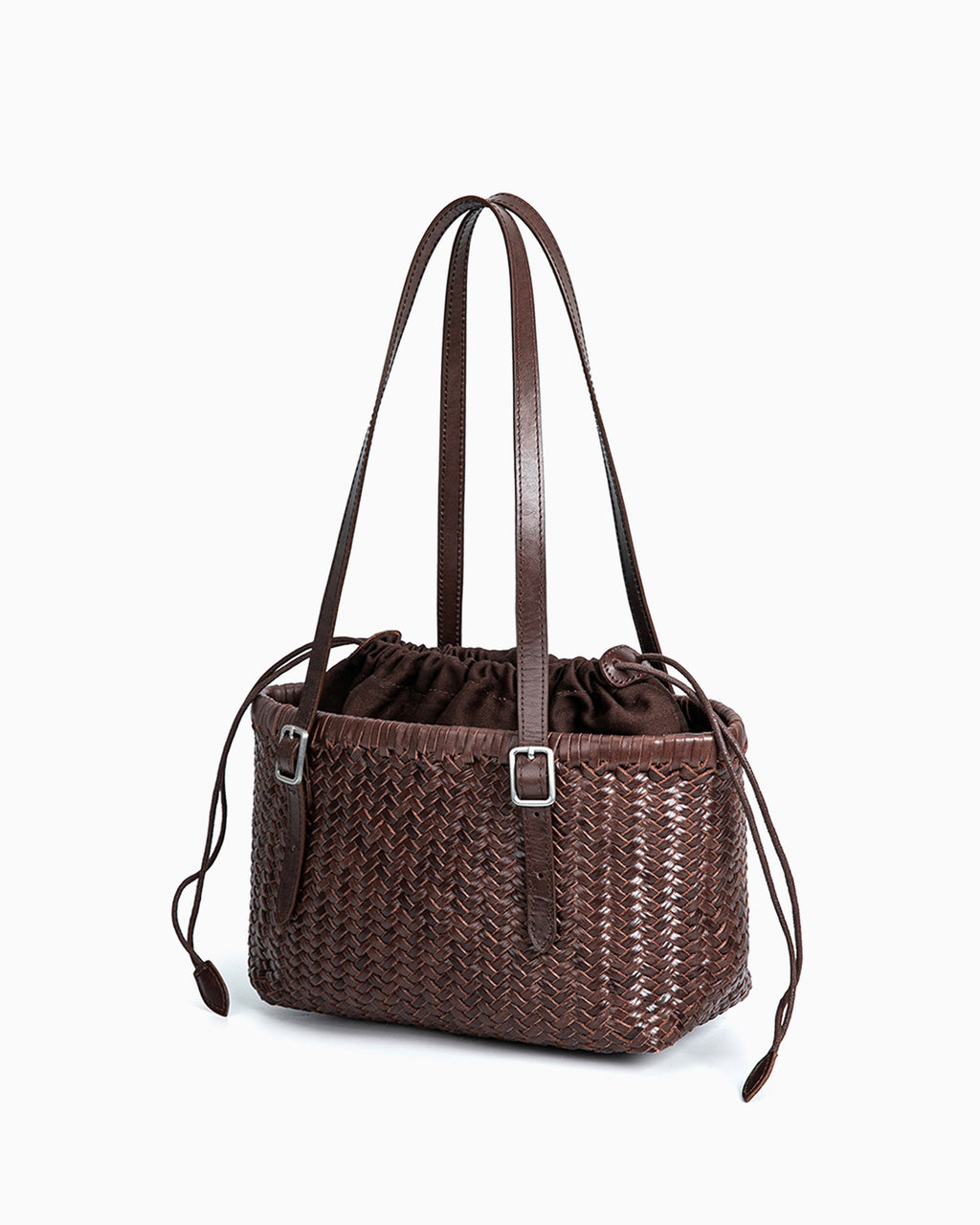 Women's Woven Tote Bucket Bag with Buckles Detail, Coffee Color