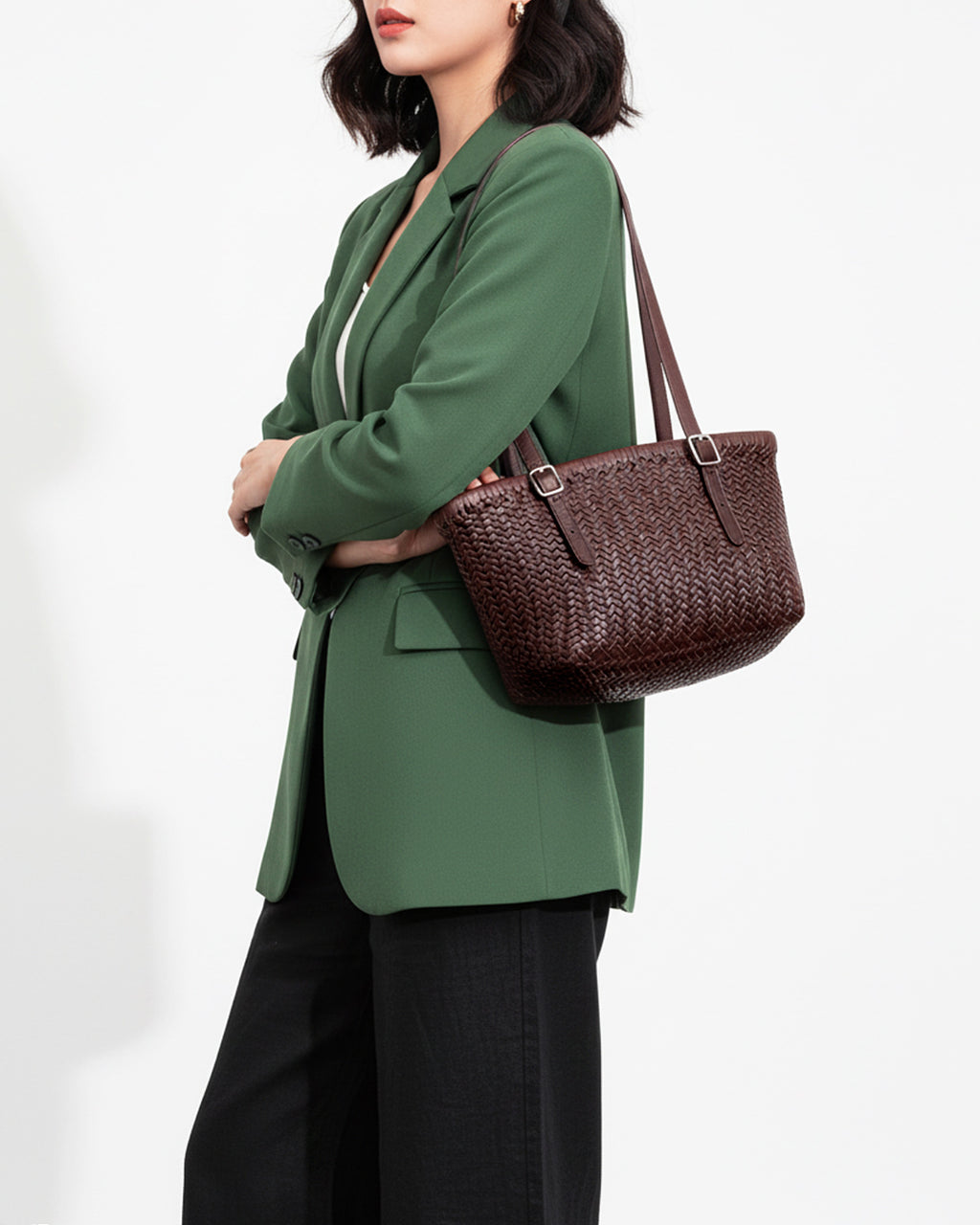 Women's Woven Tote Bucket Bag with Buckles Detail, Coffee Color