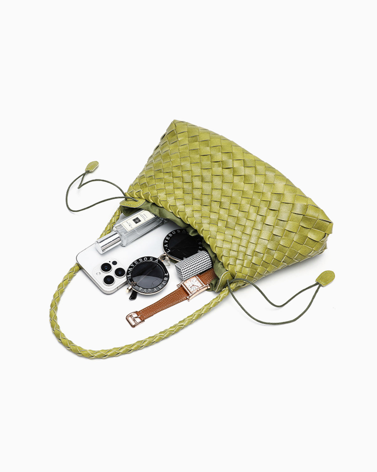 Vegan Leather Handwoven Shoulder Bag, Lime Yellow Color