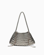 Vegan Leather Handwoven Shoulder Bag, Silver Gray Color