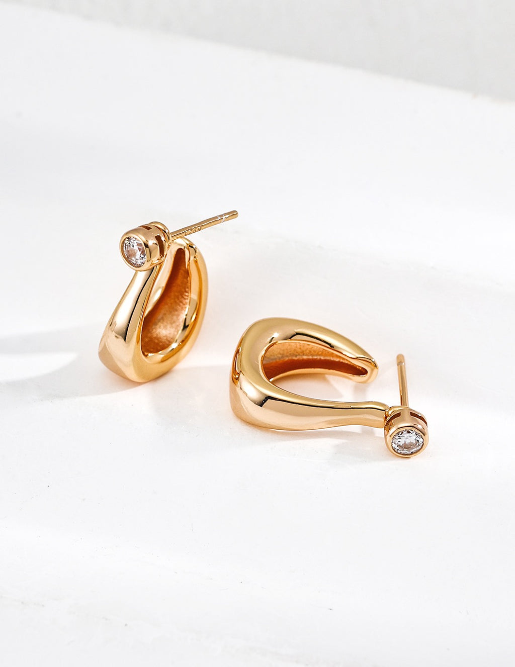C-Hoop Earrings with CZ Stud Detail