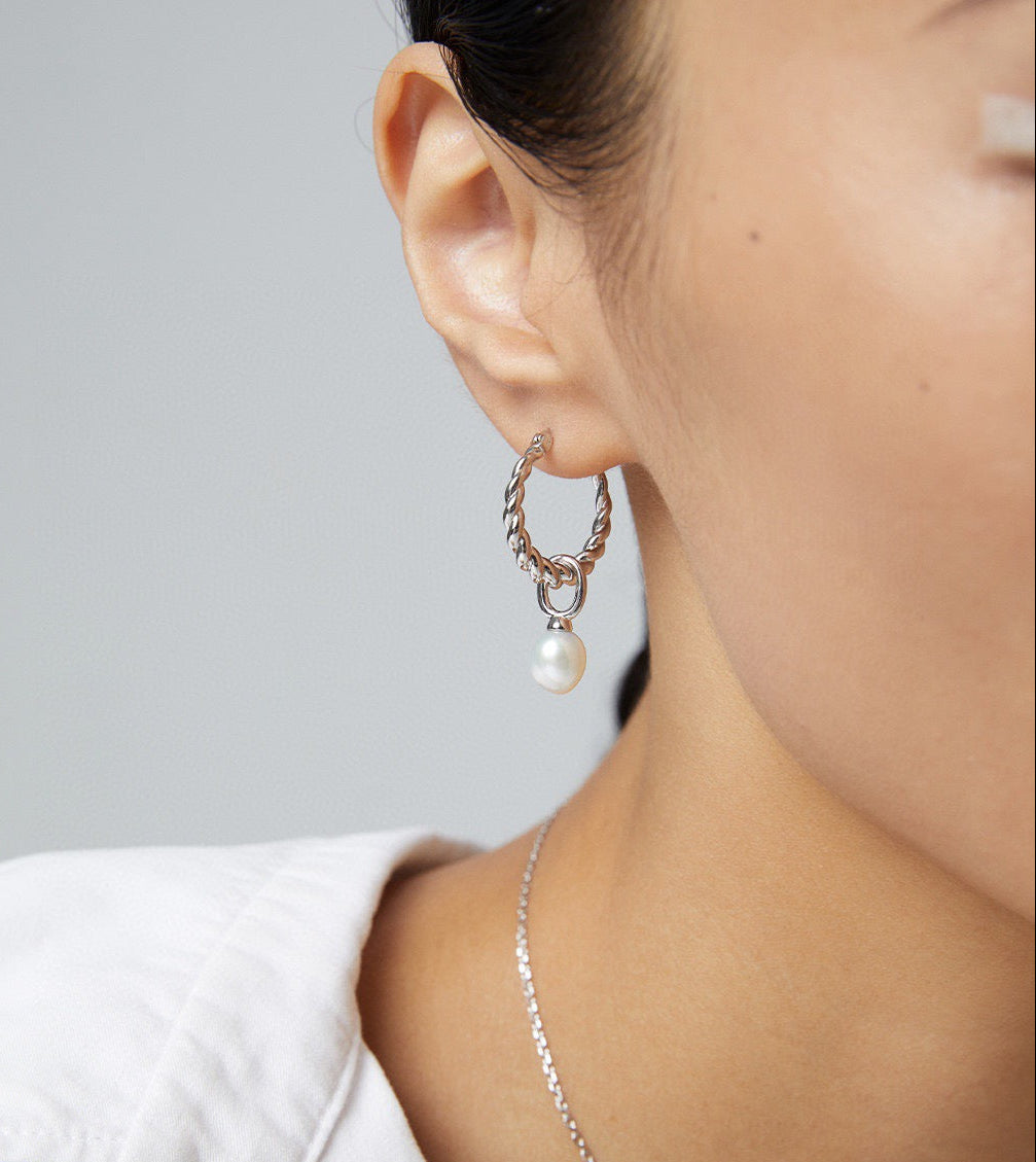 Twist Hoop Removable Natural Pearl Drop Earrings