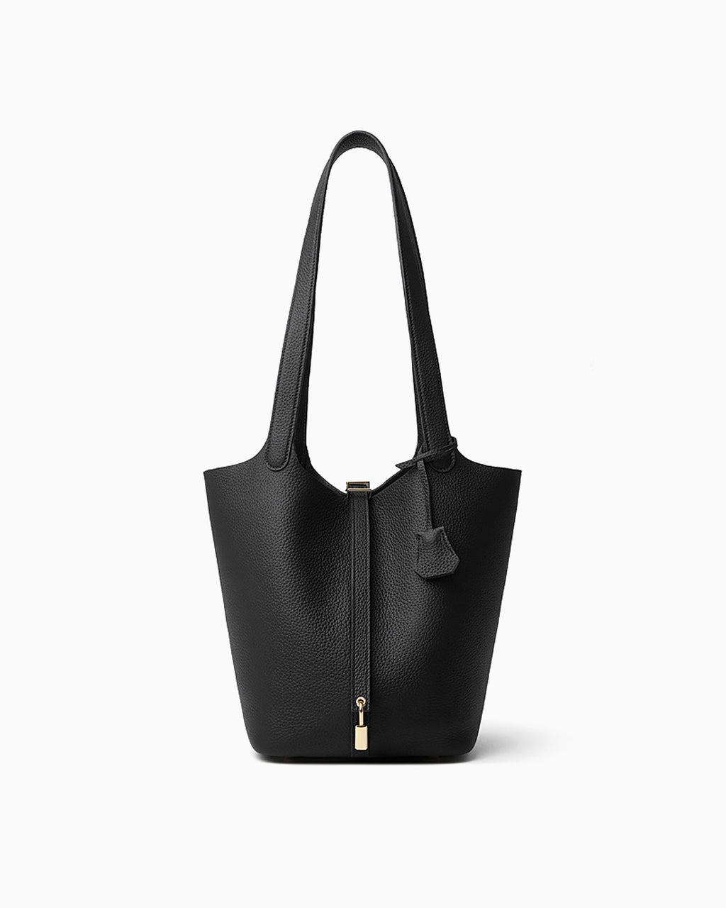 Extra Large Black Genuine Togo Leather Bucket Tote Bag with Gold-toned Hardware and Lock