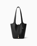 Extra Large Black Genuine Togo Leather Bucket Tote Bag with Gold-toned Hardware and Lock