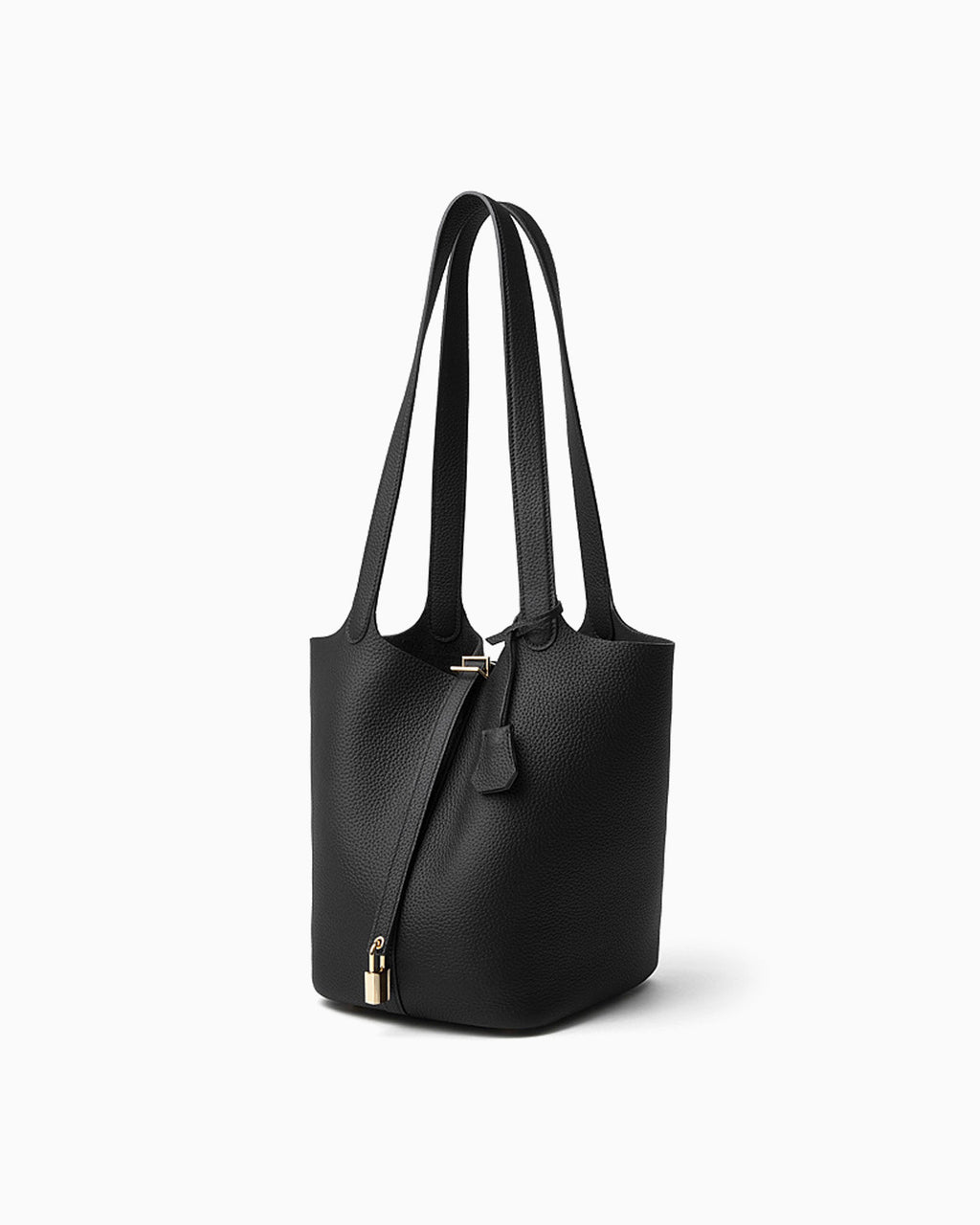 Extra Large Black Genuine Togo Leather Bucket Tote Bag with Gold Lock shown from a 45-degree angle