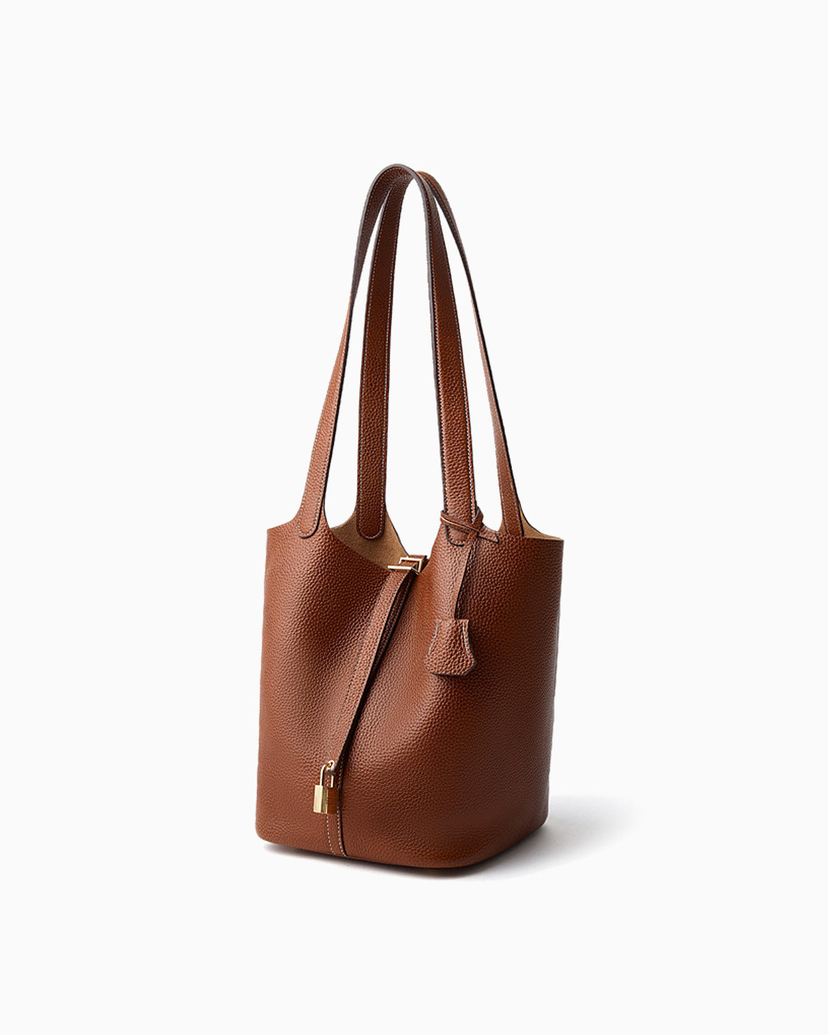 Extra Large Genuine Togo Leather Bucket Tote Bag in Brown Color with Gold Lock shown from a 45-degree angle