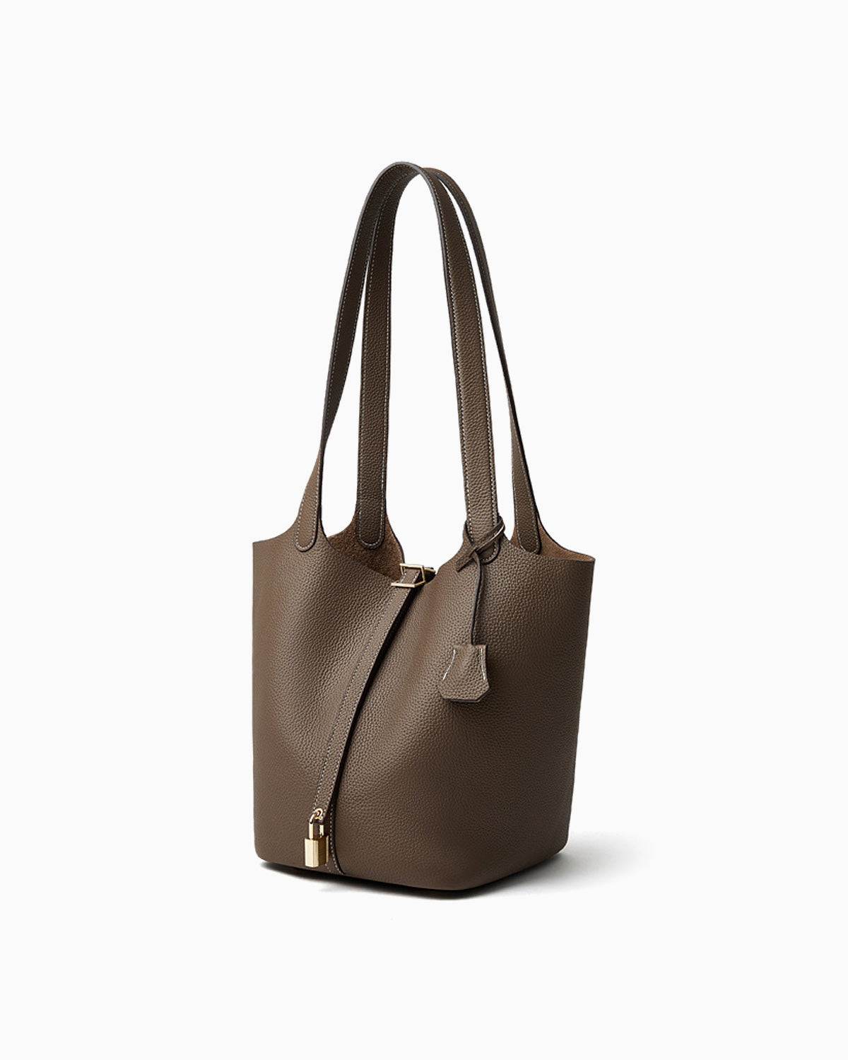 An Extra Large Togo Leather Bucket Tote Bag in Elephant Grey Color with Gold-toned Hardware and Lock shown from a 45-degree angle