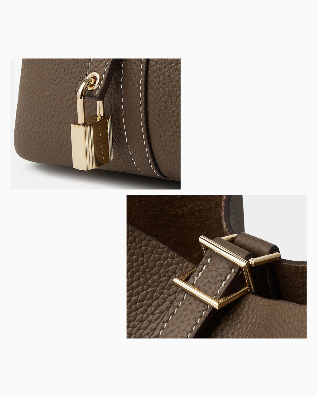 A close-up collage showing a brown genuine Togo leather handbag with gold-tone hardware, including a padlock closure and a metal buckle detail
