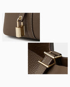 A close-up collage showing a brown genuine Togo leather handbag with gold-tone hardware, including a padlock closure and a metal buckle detail