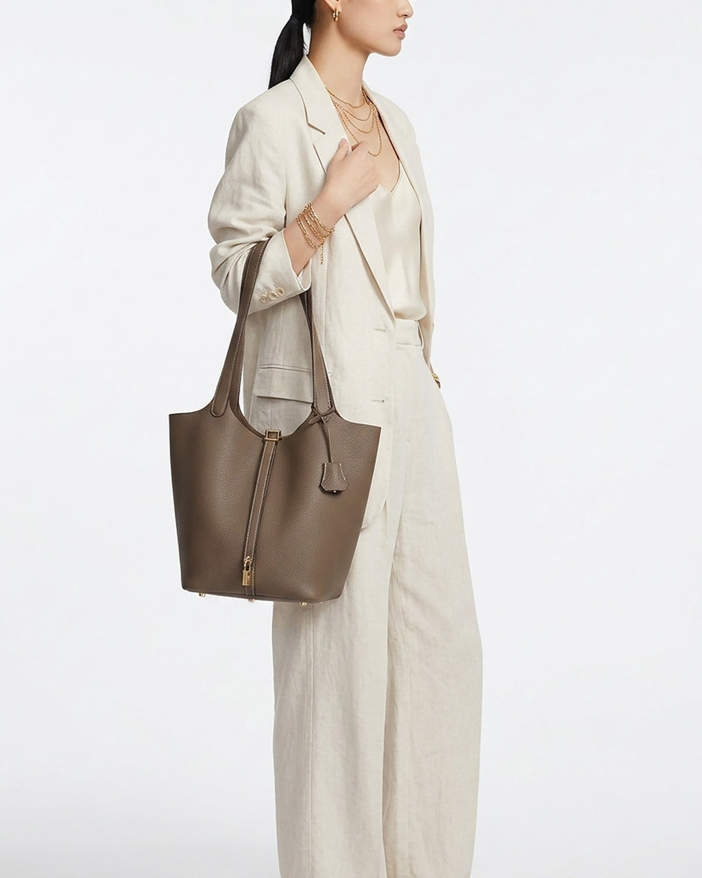 Extra Large Togo Leather Bucket Tote Bag with Lock & Pouch
