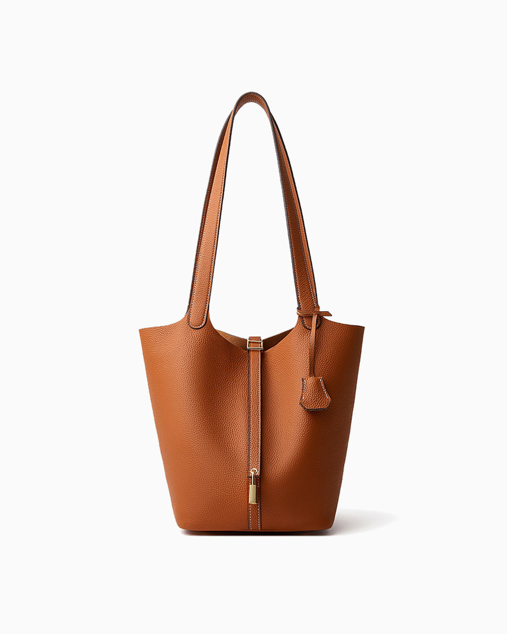 An Extra Large Togo Leather Bucket Tote Bag in Light Brown Color with Gold-toned Hardware and Lock