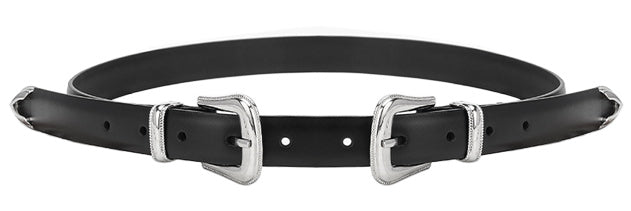 Unisex Double Buckle Black Belt with Silver Hardware