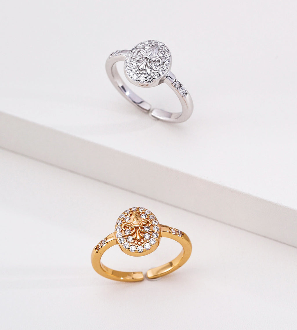 18K Gold and White Gold Plated S925 Silver Fleur-de-lis Cubic Zirconia Open Rings