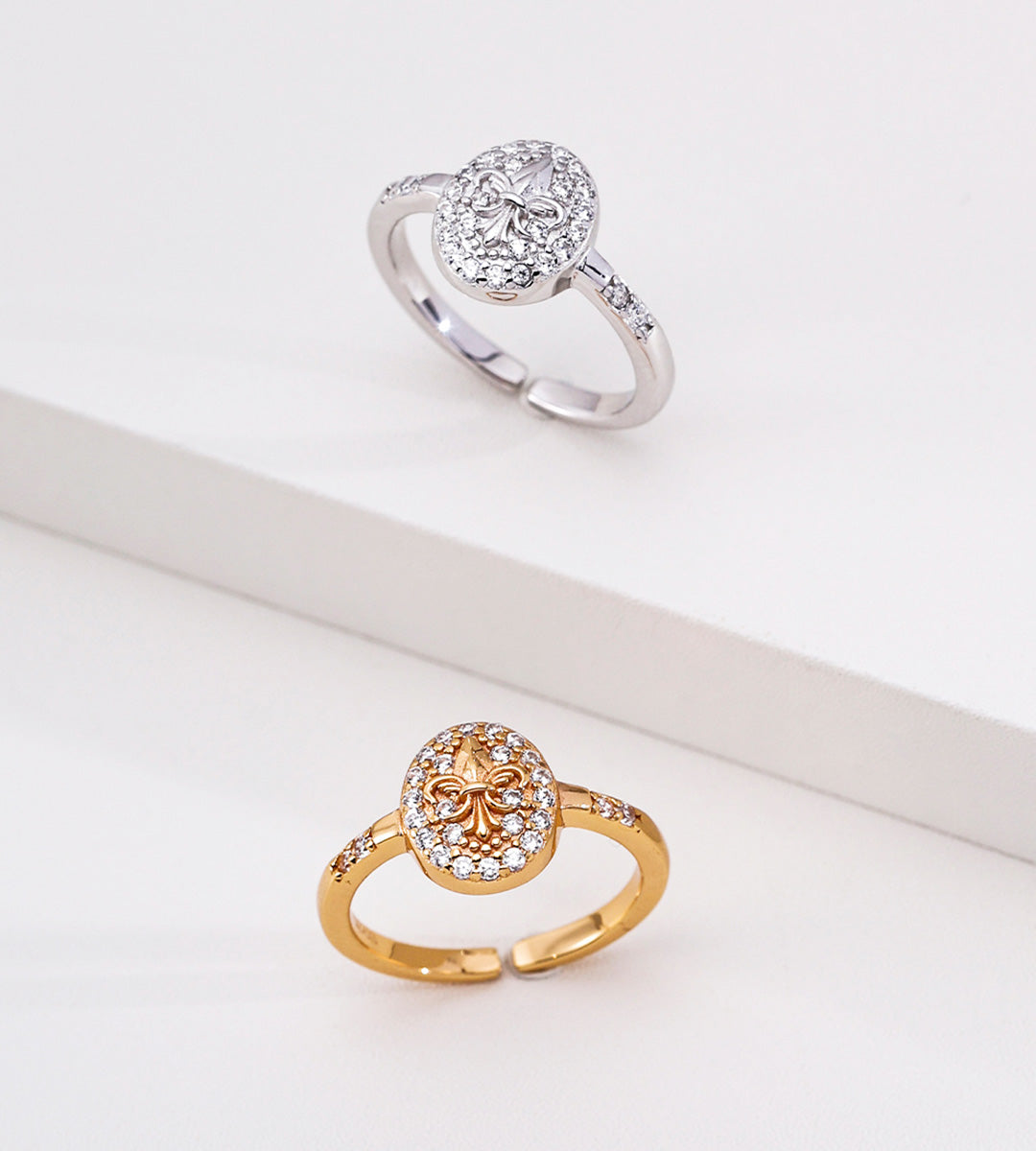 18K Gold and White Gold Plated S925 Silver Fleur-de-lis Cubic Zirconia Open Rings