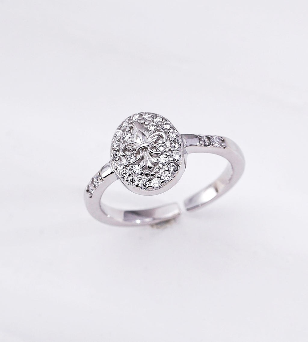18K White Gold Plated S925 Silver Fleur-de-lis Cubic Zirconia Open Ring