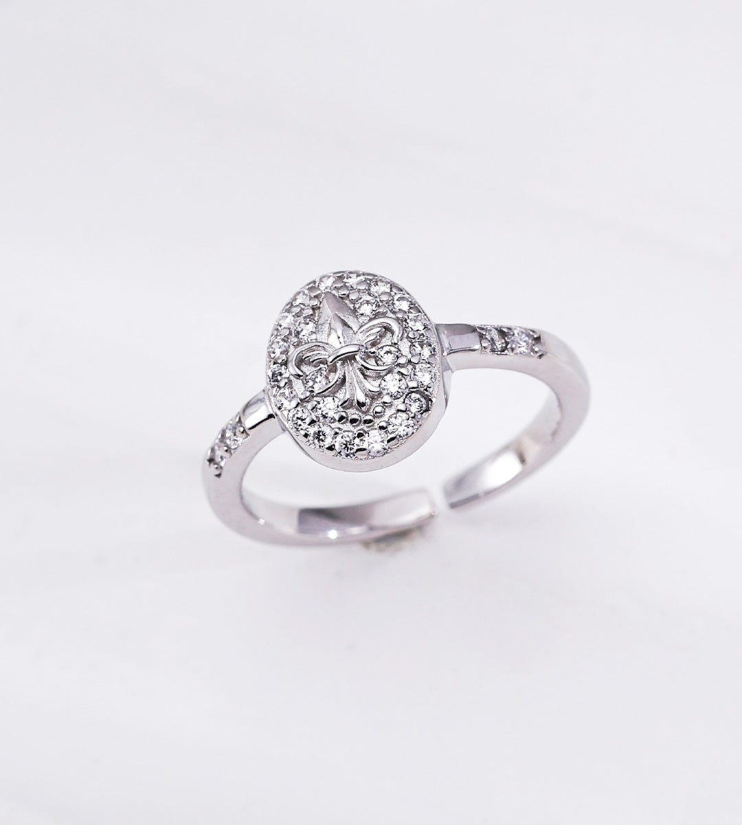 18K White Gold Plated S925 Silver Fleur-de-lis Cubic Zirconia Open Ring