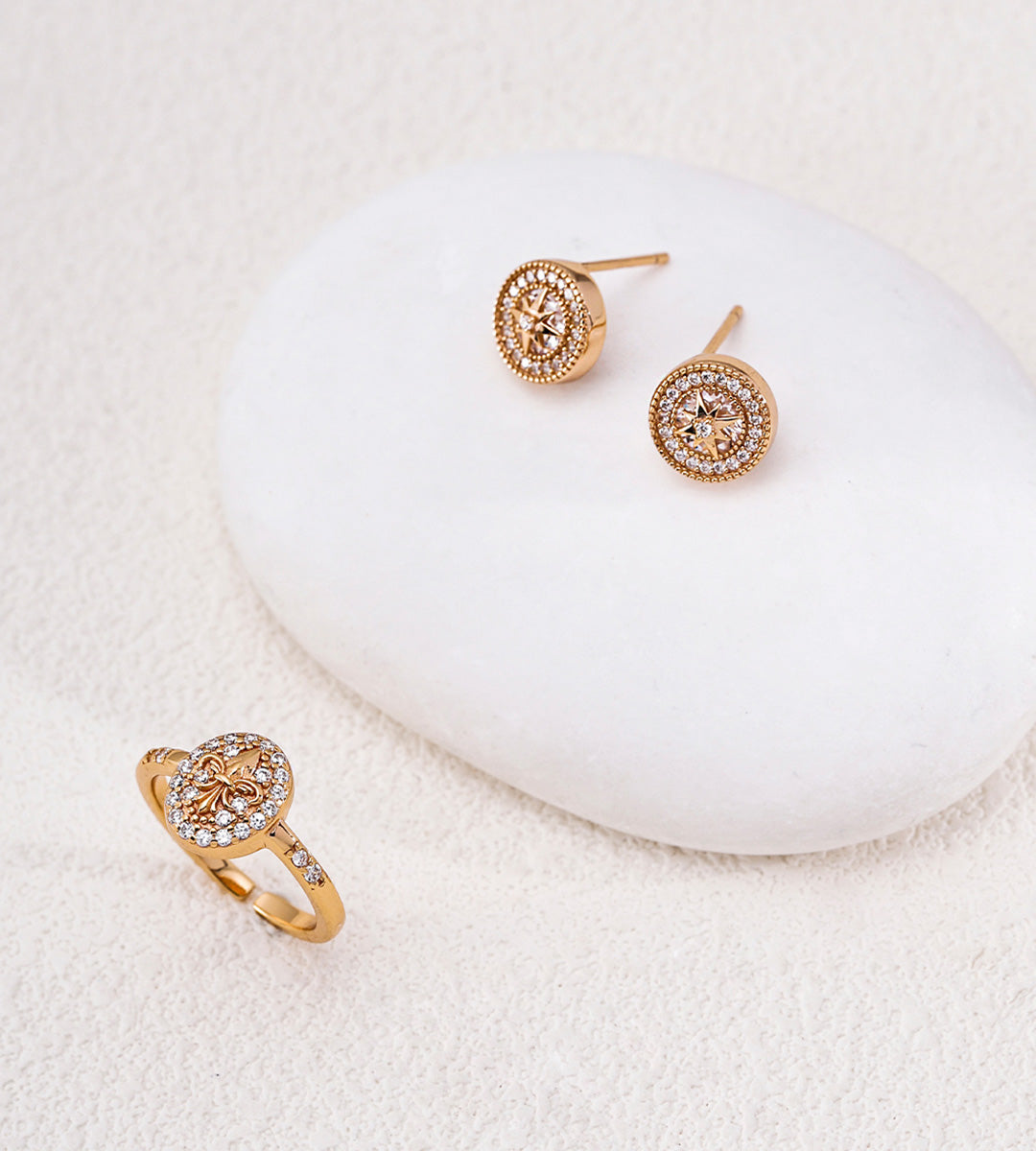 Jewelry Set of 18K Gold Plated S925 Silver Fleur-de-lis Cubic Zirconia Open Ring and Earrings