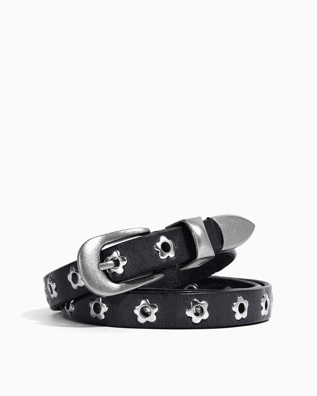 Women's Y2K Belt with Silver Buckle & Flower Studs, Black color