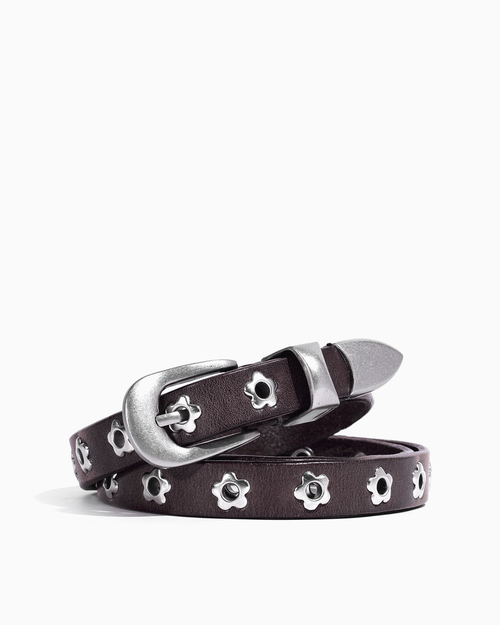 Women's Y2K Belt with Silver Buckle & Flower Studs, Coffee color