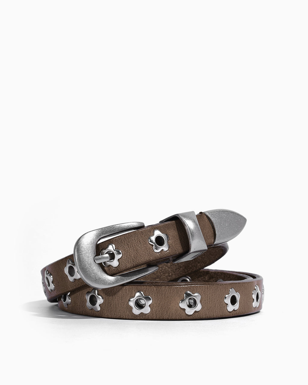 Women's Y2K Belt with Silver Buckle & Flower Studs, Dark Khaki color