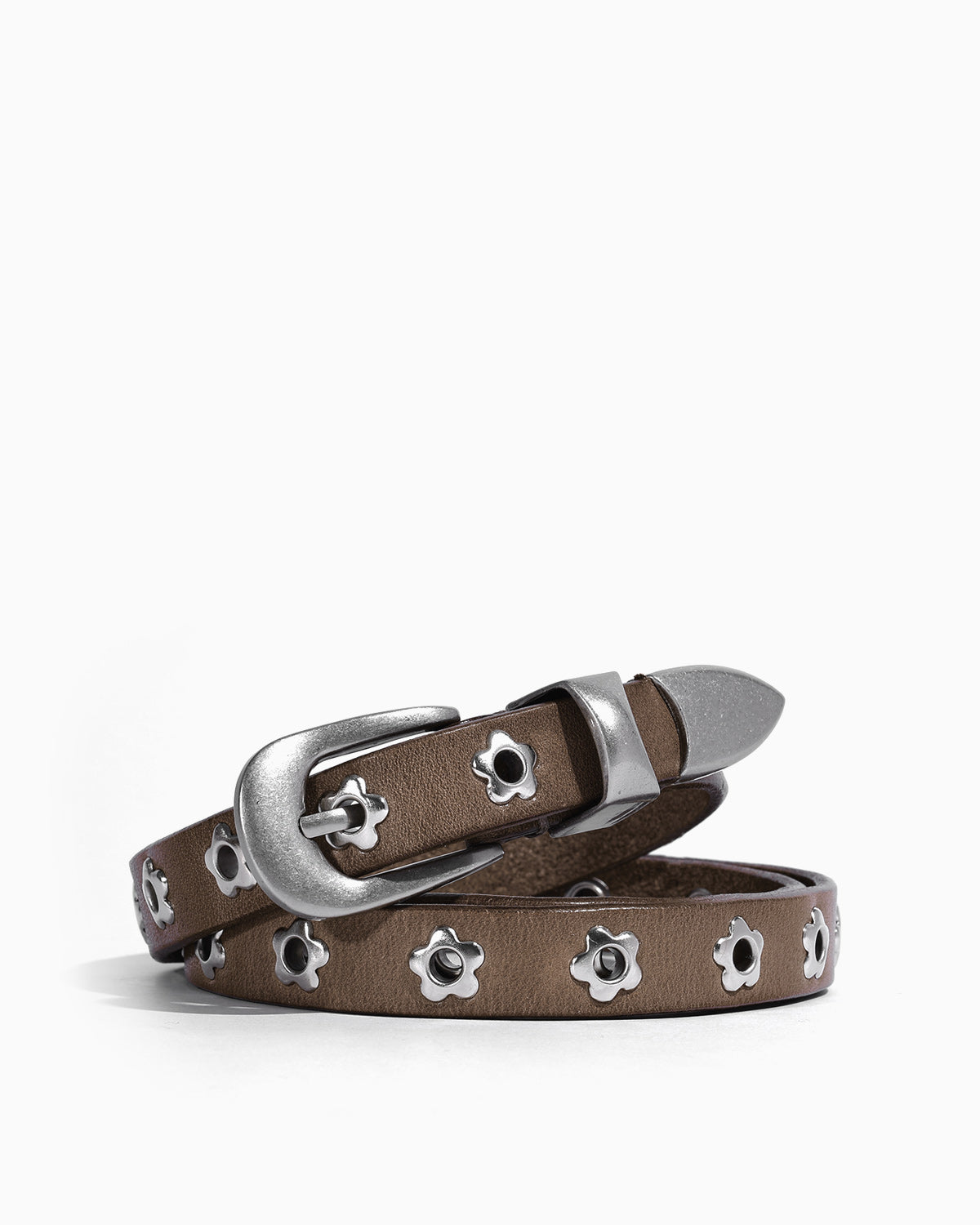Women's Y2K Belt with Silver Buckle & Flower Studs, Dark Khaki color