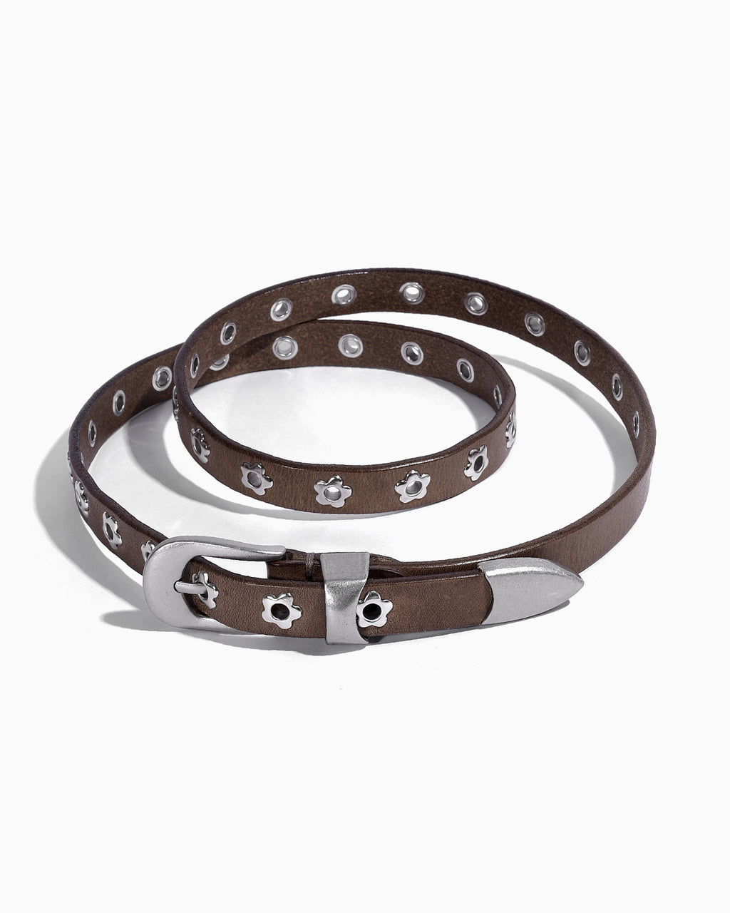 Women's Y2K Belt with Silver Buckle & Flower Studs, Dark Khaki color