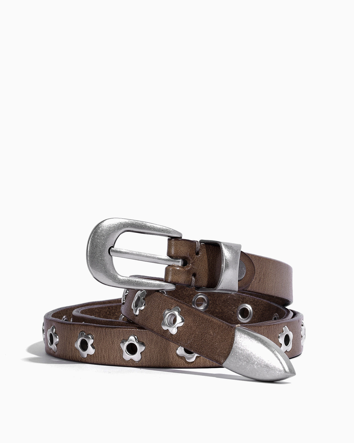 Women's Y2K Belt with Silver Buckle & Flower Studs, Dark Khaki color