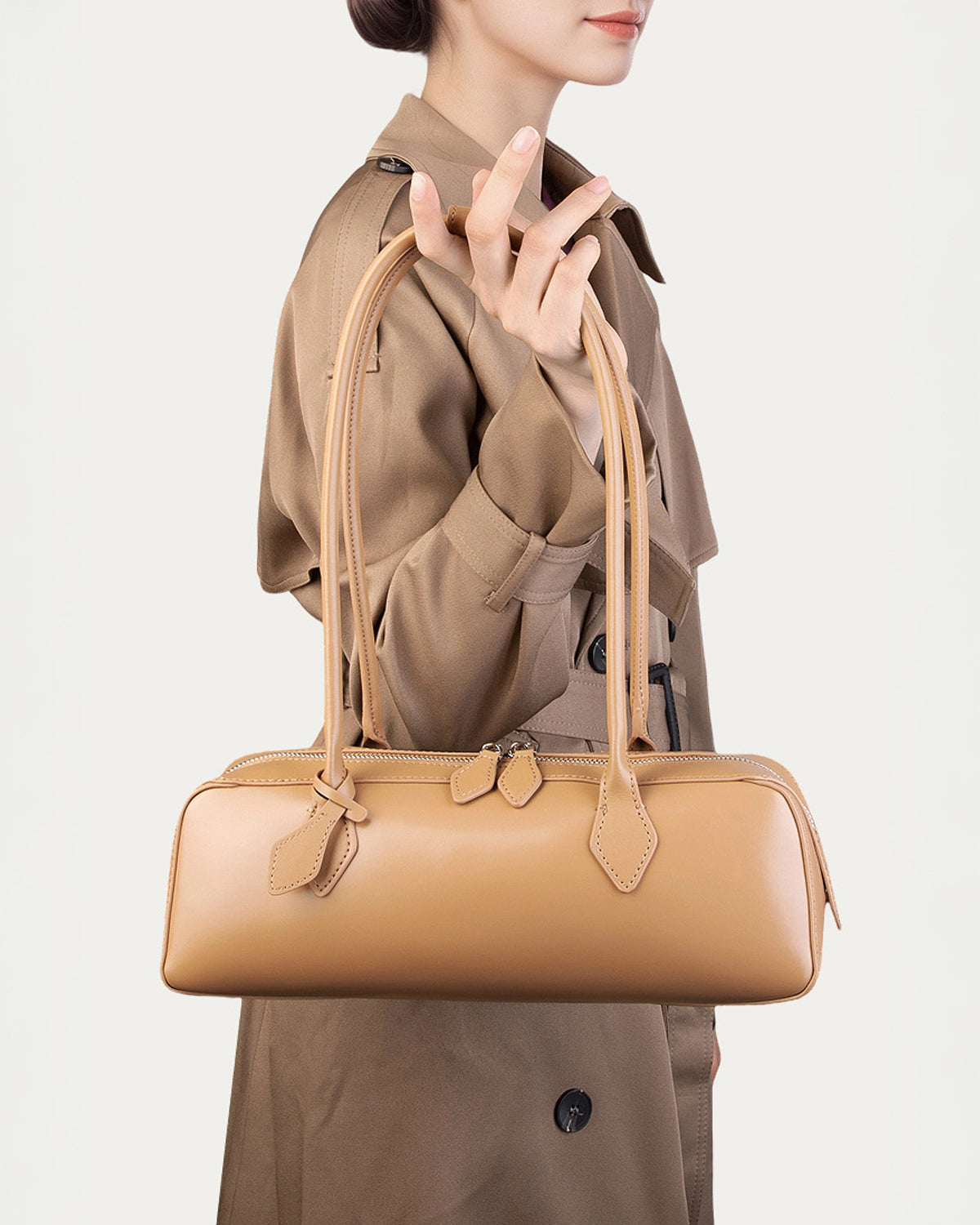 Women's Leather Baguette Handbag, Apricot Color