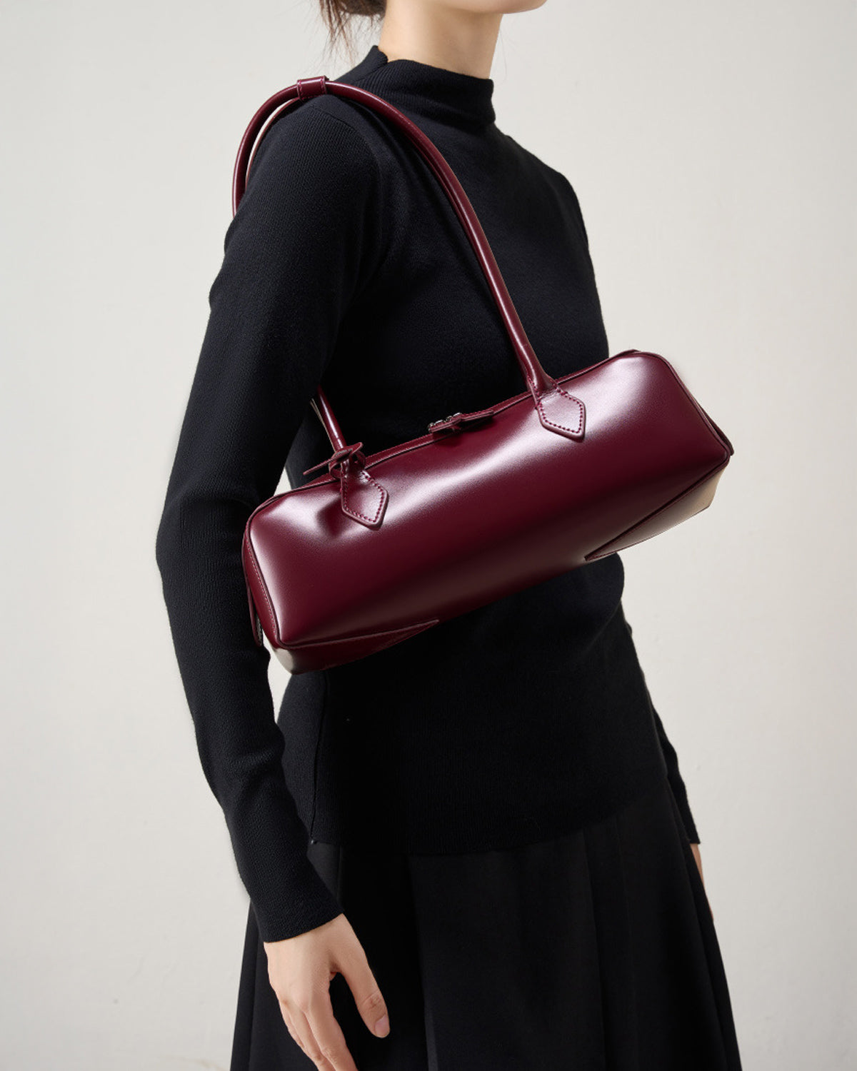 Women's Leather Baguette Handbag, Wine Red Color