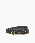 A black leather belt with a polished gold-tone horsebit buckle