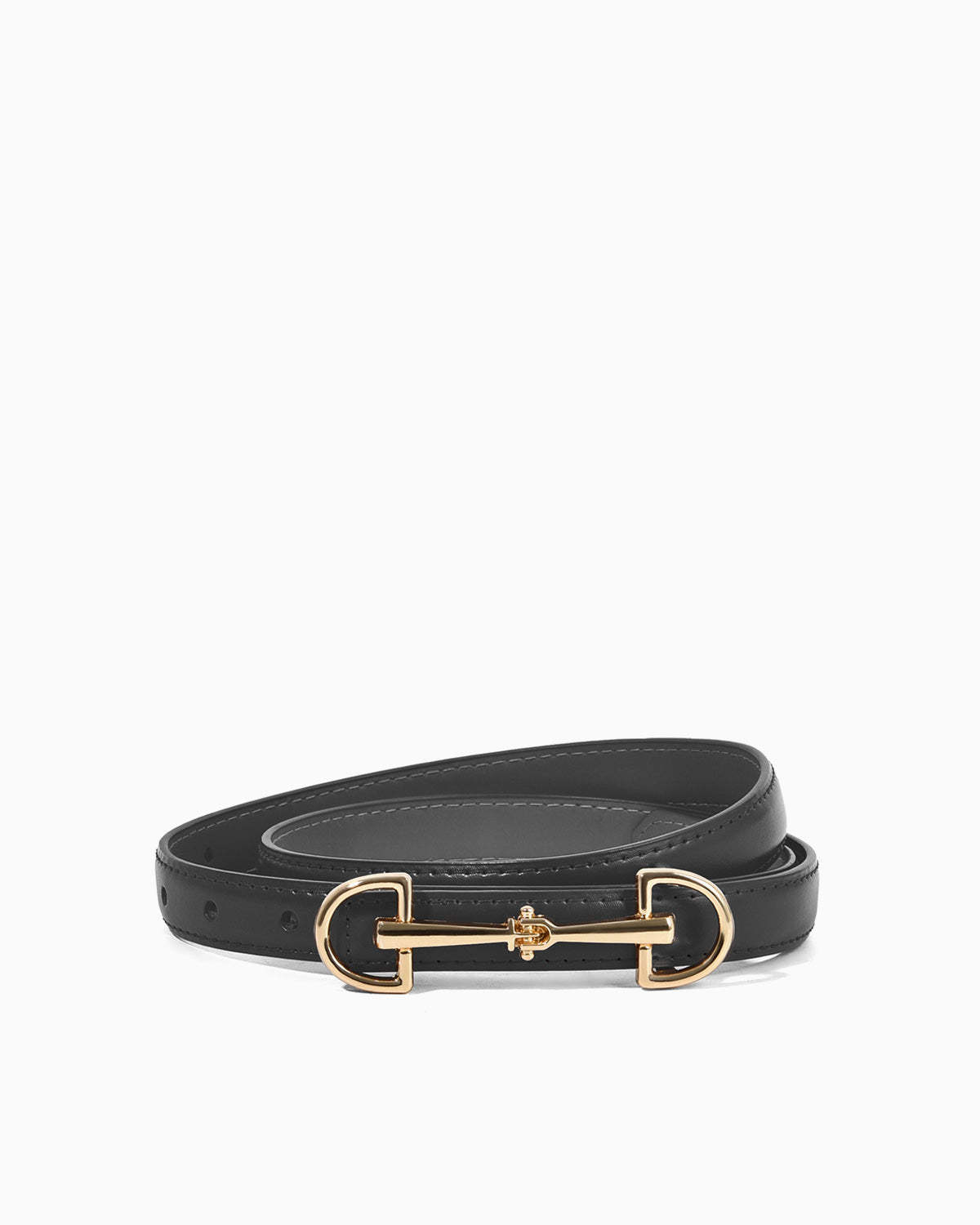 A black leather belt with a polished gold-tone horsebit buckle