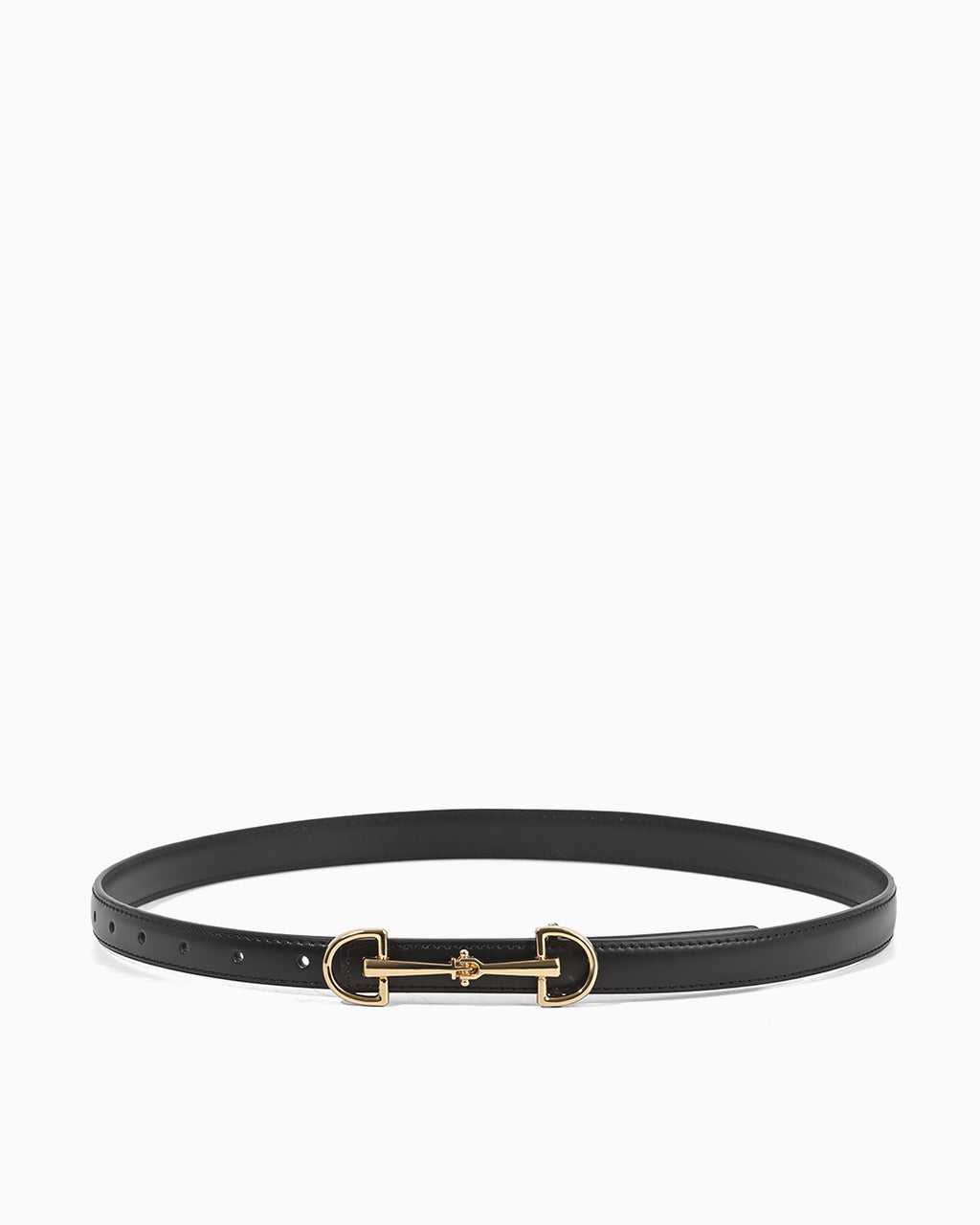 Women's Black Genuine Leather Slim Equestrian Belt with Gold Buckle