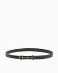Women's Black Genuine Leather Slim Equestrian Belt with Gold Buckle