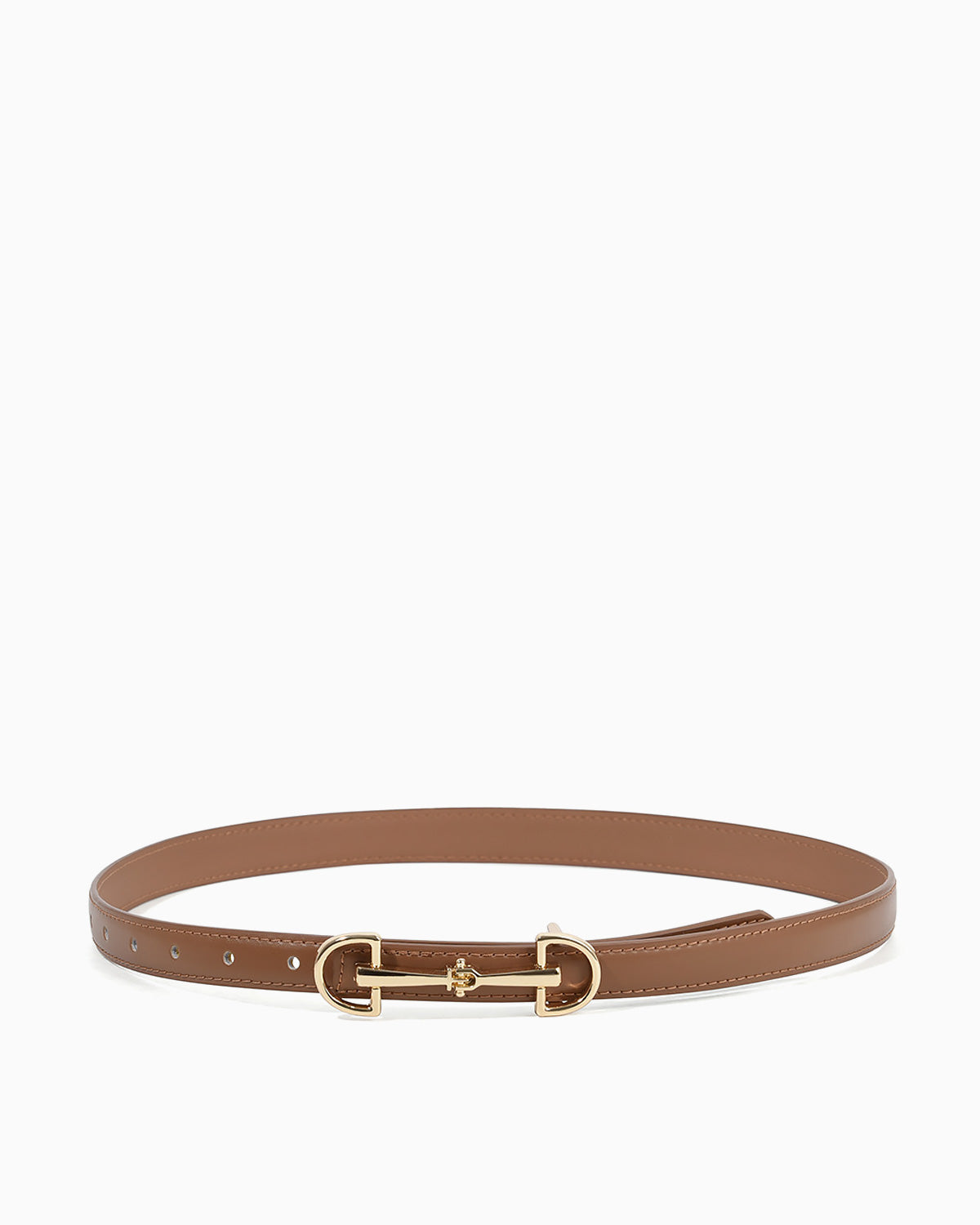 A slim caramel-colored leather belt with a gold-tone horsebit buckle