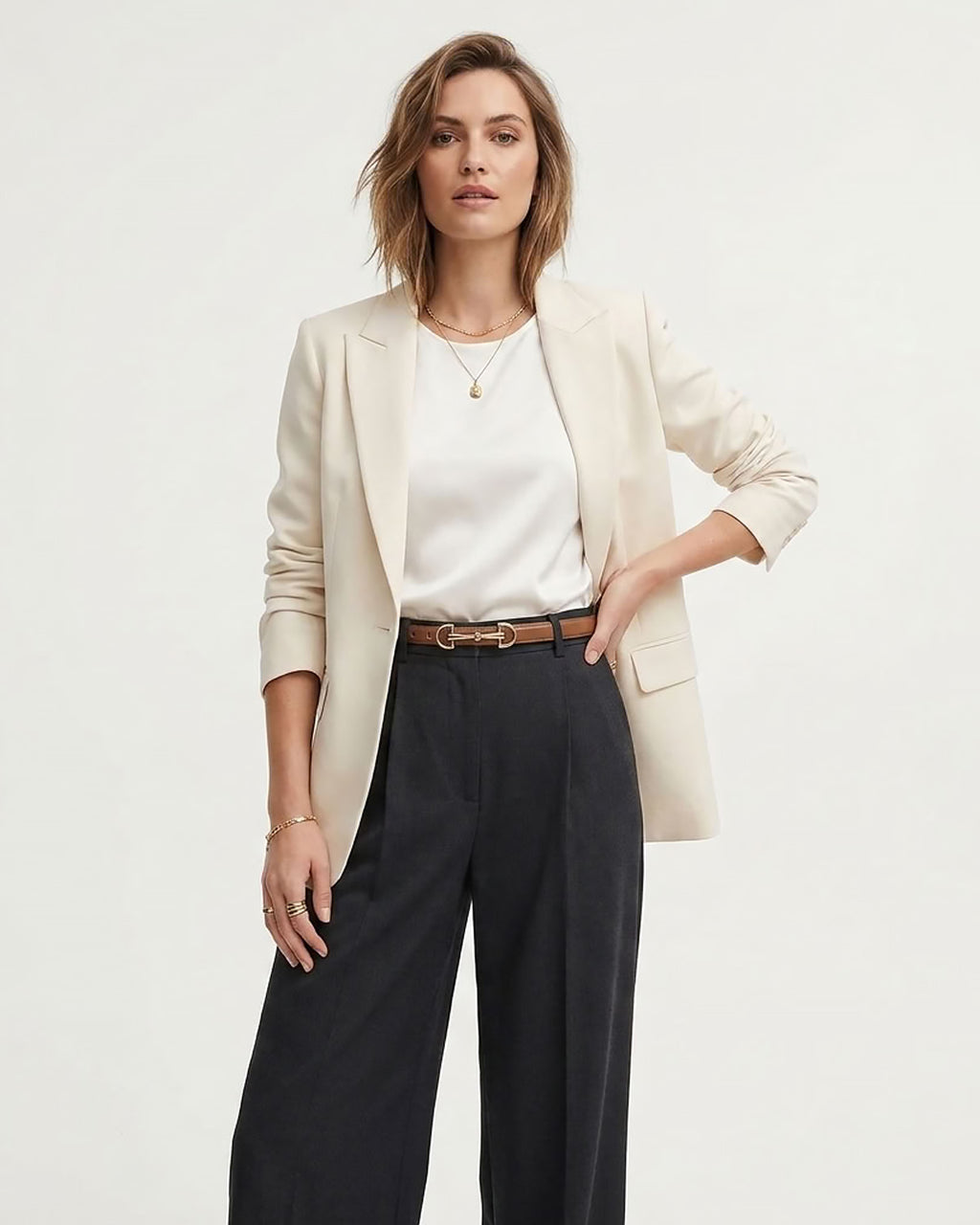 A woman modeling a light beige blazer over a white top and dark charcoal wide-leg trousers, styled with a slim brown classic belt